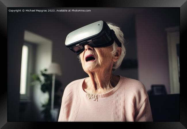An old woman looking stunned while exploring virtual reality cre Framed Print by Michael Piepgras
