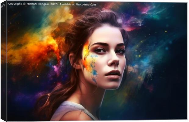 Portrait of a beautiful woman with colorful splashes created wit Canvas Print by Michael Piepgras