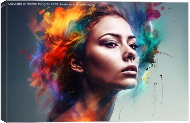 Portrait of a beautiful woman with colorful splashes created wit Canvas Print by Michael Piepgras