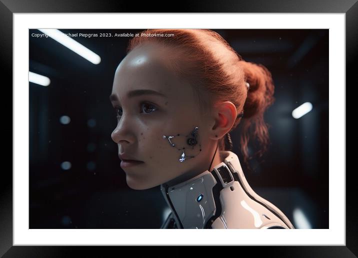 Futuristic female android with cybord technology created with ge Framed Mounted Print by Michael Piepgras