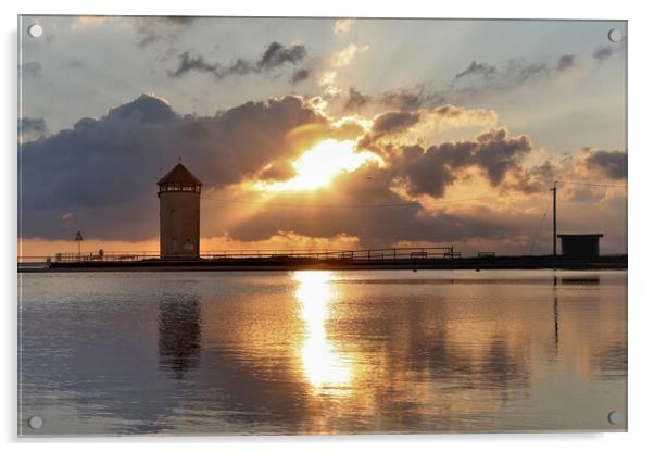 Sun setting over Batemans Tower in Brightlingsea  Acrylic by Tony lopez