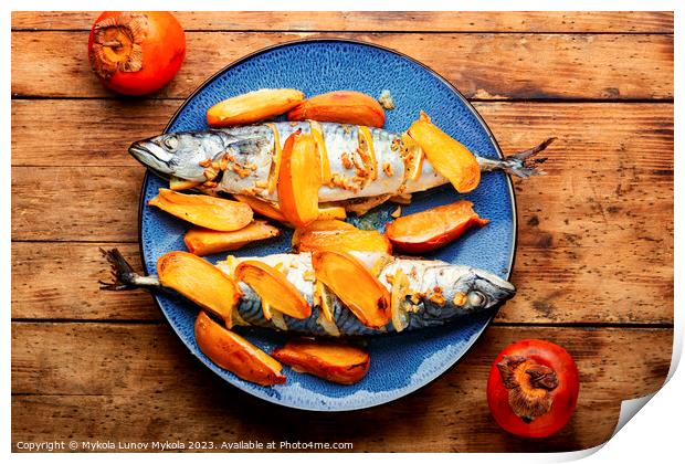 Mackerel fish baked with fruits. Print by Mykola Lunov Mykola