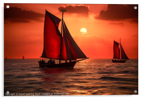 Red Sails In The Sunset Acrylic by Robert Deering