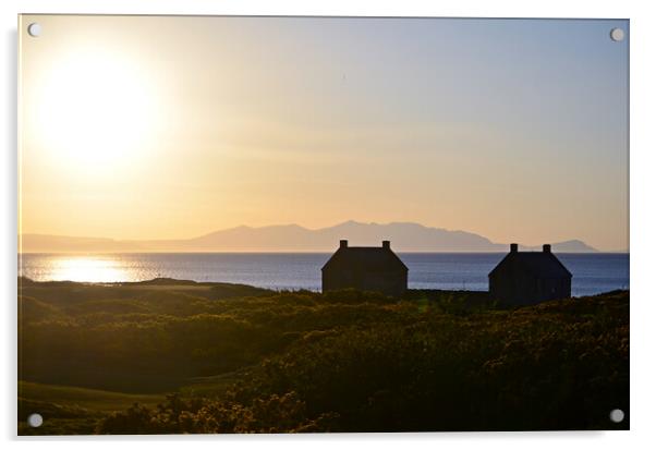 Prestwick salt pan houses and Arran at sunset Acrylic by Allan Durward Photography