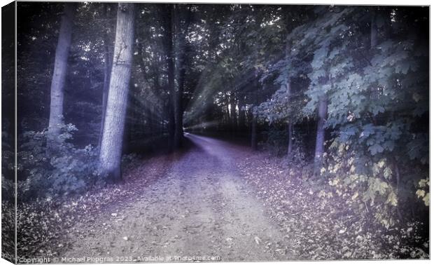 Mysterious fairy tale view into a magical dark blue forest with a soft bokeh and strong light beams Canvas Print by Michael Piepgras
