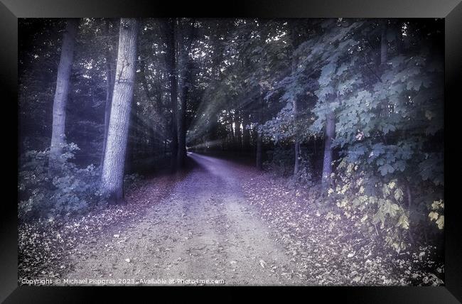 Mysterious fairy tale view into a magical dark blue forest with a soft bokeh and strong light beams Framed Print by Michael Piepgras