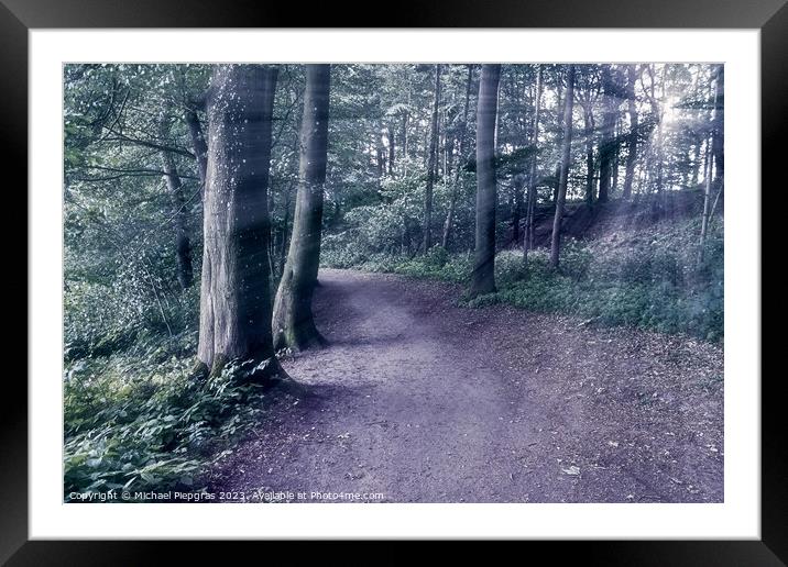 Mysterious fairy tale view into a magical dark blue forest with  Framed Mounted Print by Michael Piepgras