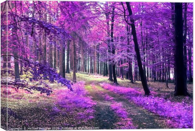 Beautiful pink and purple infrared panorama view into a forest l Canvas Print by Michael Piepgras
