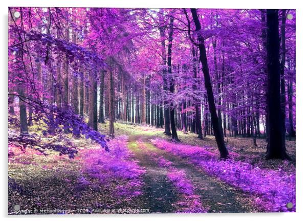Beautiful pink and purple infrared panorama view into a forest l Acrylic by Michael Piepgras