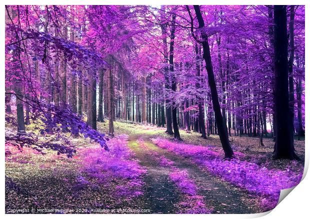 Beautiful pink and purple infrared panorama view into a forest l Print by Michael Piepgras