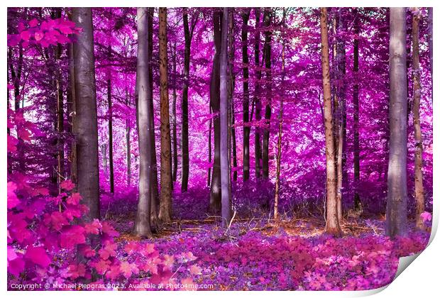 Beautiful pink and purple infrared panorama of a forest. Print by Michael Piepgras