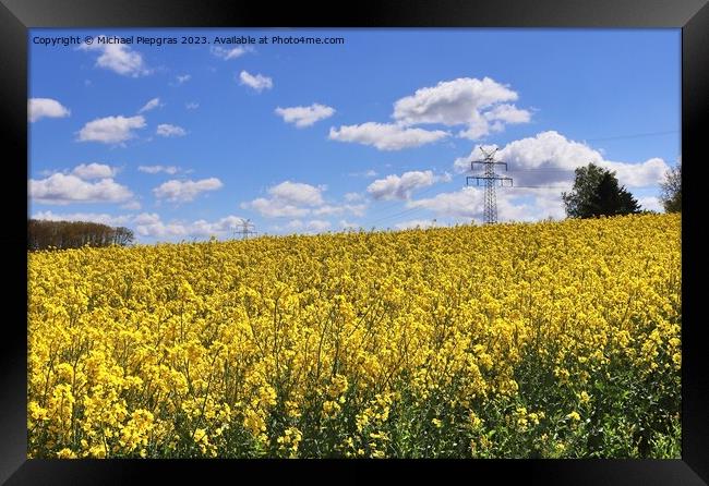 Yellow field of flowering rape and tree against a blue sky with  Framed Print by Michael Piepgras