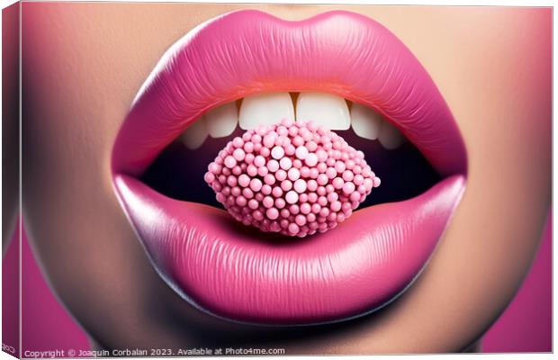 Sensual pink female lips bite a candy. Ai generated. Canvas Print by Joaquin Corbalan