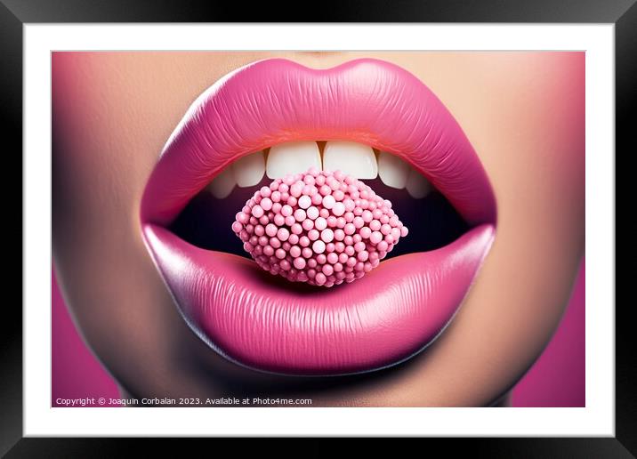 Sensual pink female lips bite a candy. Ai generated. Framed Mounted Print by Joaquin Corbalan