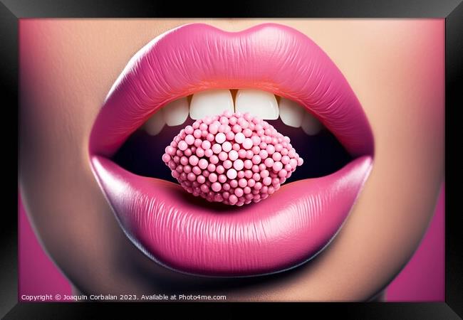 Sensual pink female lips bite a candy. Ai generated. Framed Print by Joaquin Corbalan