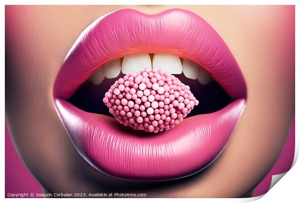 Sensual pink female lips bite a candy. Ai generated. Print by Joaquin Corbalan