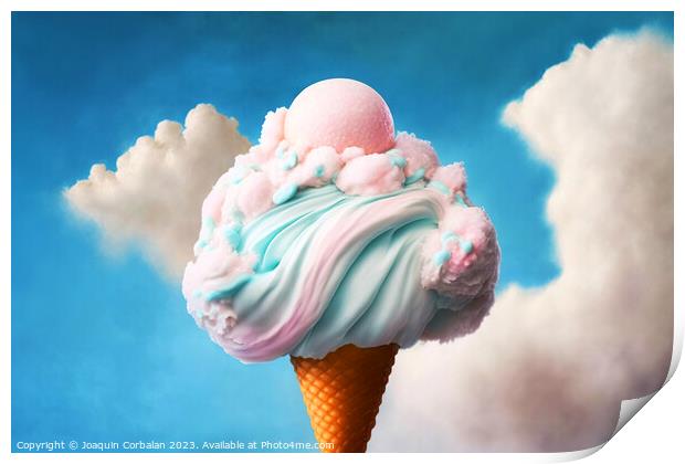 A soft and fluffy cottony cream ice cream in the clouds. Ai gene Print by Joaquin Corbalan