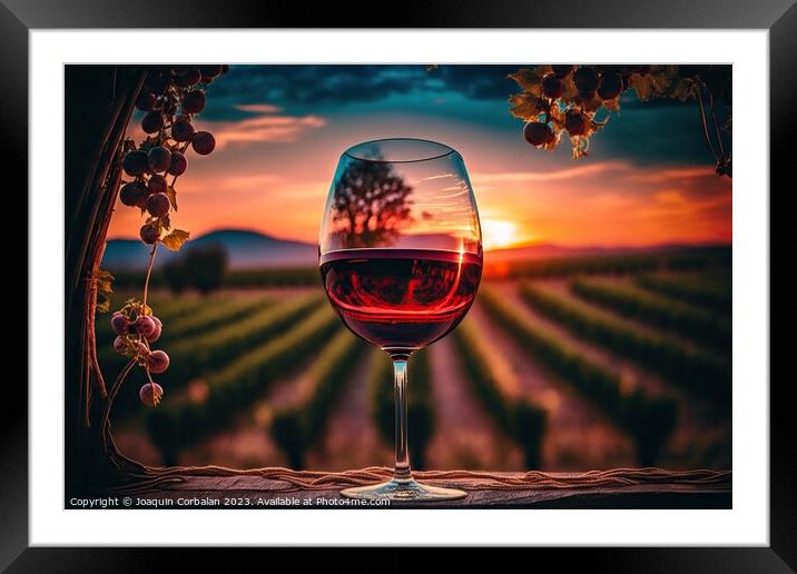 Sunset in the vineyard through a glass of red wine Framed Mounted Print by Joaquin Corbalan