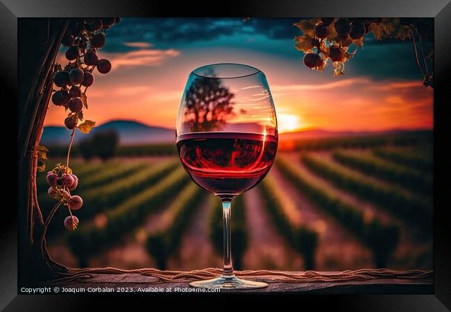 Sunset in the vineyard through a glass of red wine Framed Print by Joaquin Corbalan