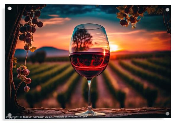 Sunset in the vineyard through a glass of red wine Acrylic by Joaquin Corbalan