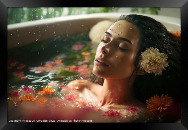 A beautiful young woman enjoys a relaxing floral bath to de-stre Framed Print by Joaquin Corbalan