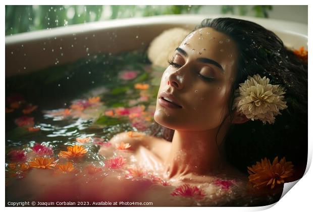 A beautiful young woman enjoys a relaxing floral bath to de-stre Print by Joaquin Corbalan