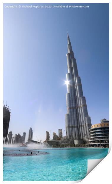 View at the Burj Khalifa on a sunny day. Burj Khalifa is currently the tallest building in the world, at 829.84 m (2,723 ft) Print by Michael Piepgras