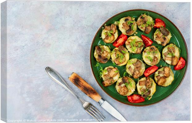 Baked slices zucchini with mushrooms, space for text Canvas Print by Mykola Lunov Mykola