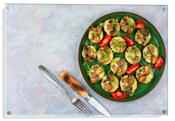 Baked slices zucchini with mushrooms, space for text Acrylic by Mykola Lunov Mykola