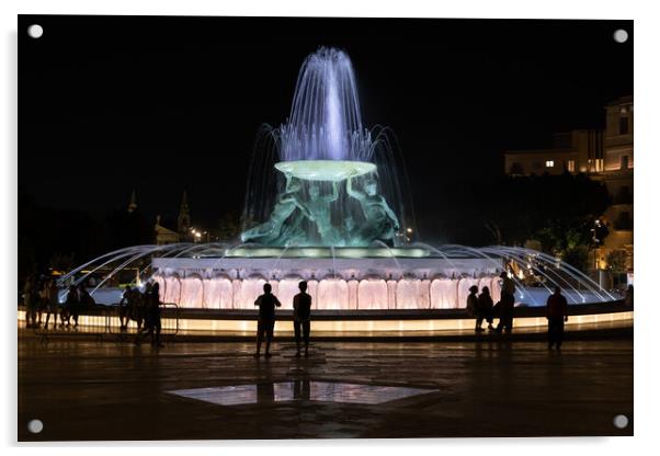 Triton Fountain Illuminated at Night in Valletta Acrylic by Artur Bogacki