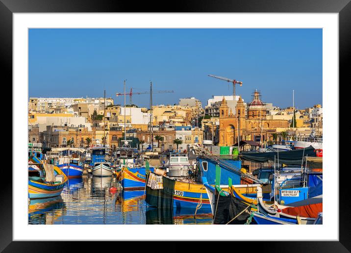 Traditional Luzzu Boats in Marsaxlokk, Malta Framed Mounted Print by Artur Bogacki