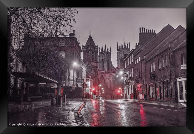 Rainy nights in York city centre Framed Print by Richard Perks