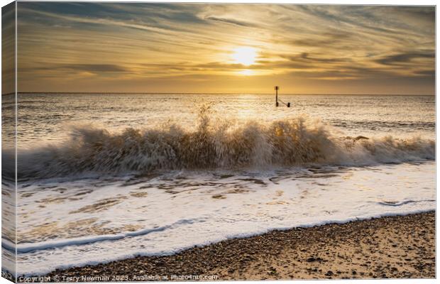 Sunrise over Dramatic Southwold Waves Canvas Print by Terry Newman