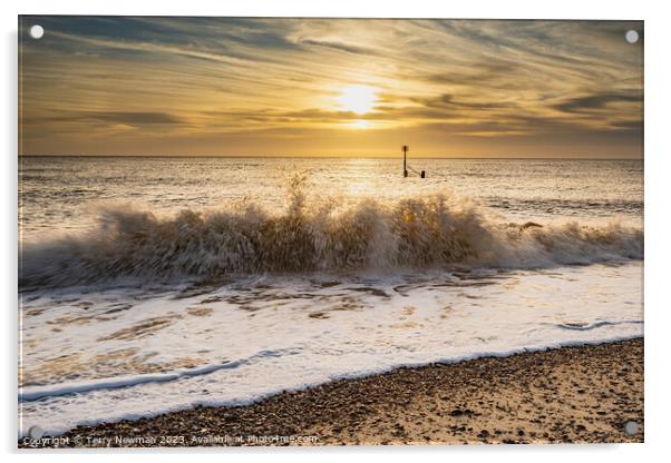 Sunrise over Dramatic Southwold Waves Acrylic by Terry Newman