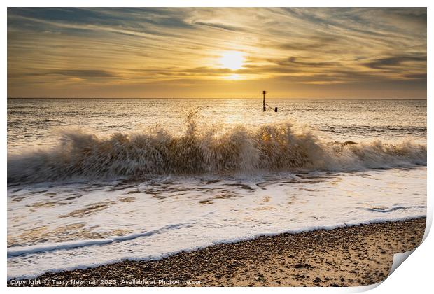 Sunrise over Dramatic Southwold Waves Print by Terry Newman