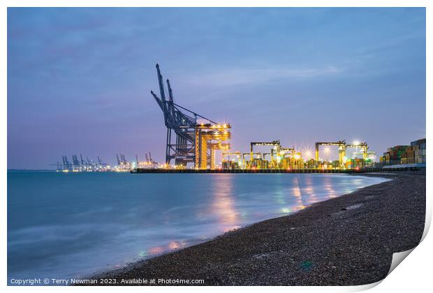 The Golden Sunrise at Felixstowe Docks Print by Terry Newman