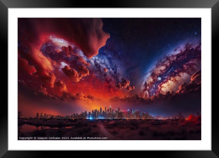 Spectacular night starry sky over a big city, imag Framed Mounted Print by Joaquin Corbalan