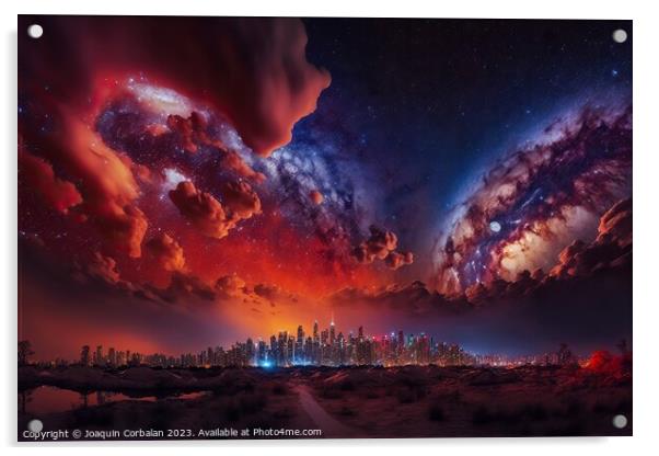 Spectacular night starry sky over a big city, imag Acrylic by Joaquin Corbalan
