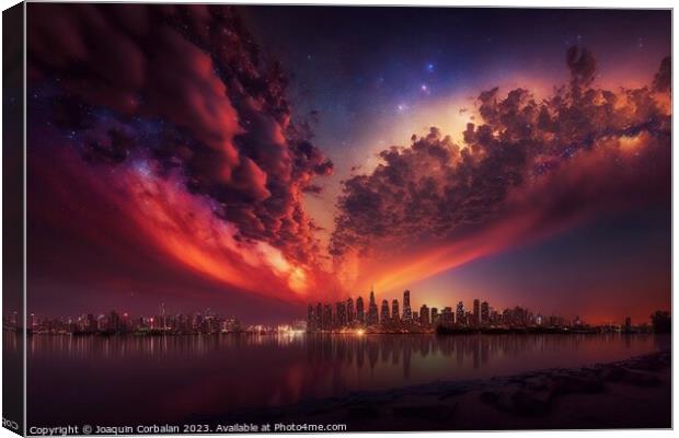 Spectacular night starry sky over a big city, imaginative illust Canvas Print by Joaquin Corbalan