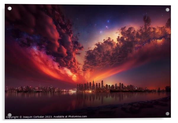 Spectacular night starry sky over a big city, imaginative illust Acrylic by Joaquin Corbalan