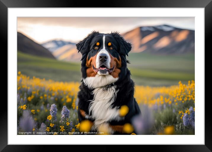 Portrait of a calm dog Bernese in a flowery meadow Framed Mounted Print by Joaquin Corbalan