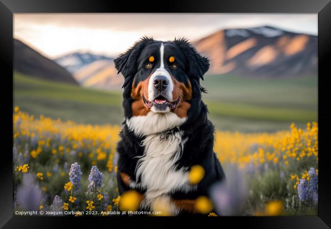 Portrait of a calm dog Bernese in a flowery meadow Framed Print by Joaquin Corbalan