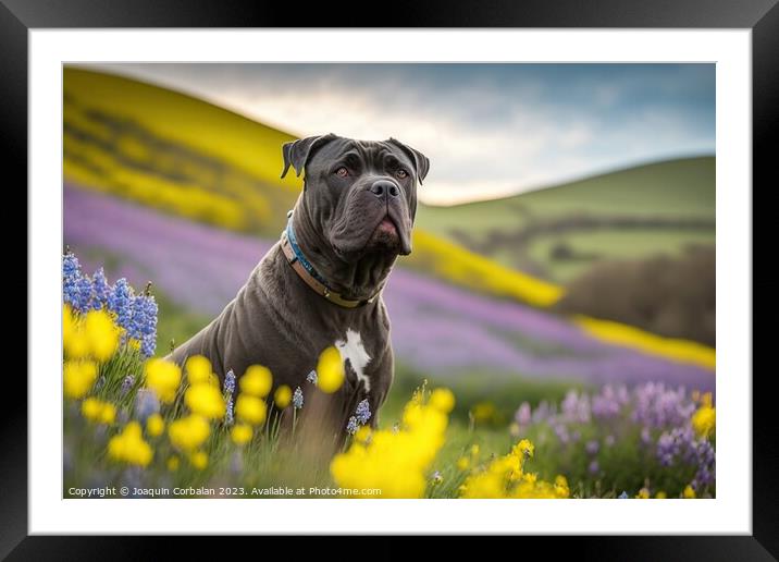 Portrait of a calm Corso dog in a flowery meadow.  Framed Mounted Print by Joaquin Corbalan