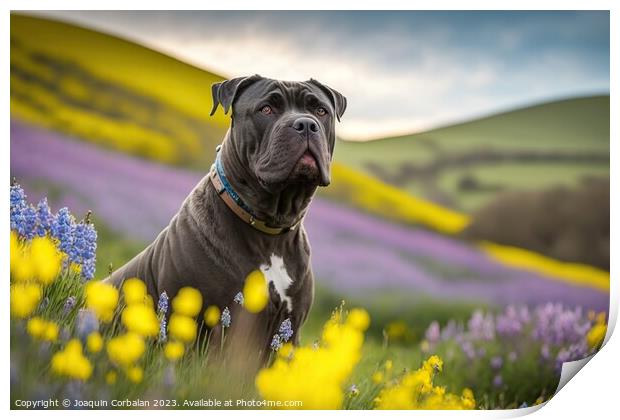 Portrait of a calm Corso dog in a flowery meadow.  Print by Joaquin Corbalan