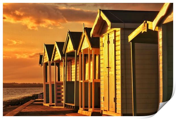Beach hut sunset reflections over Brightlingsea  Print by Tony lopez