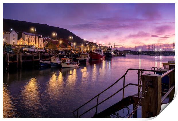 Serene Sunrise in Scarborough Harbour Print by Tim Hill