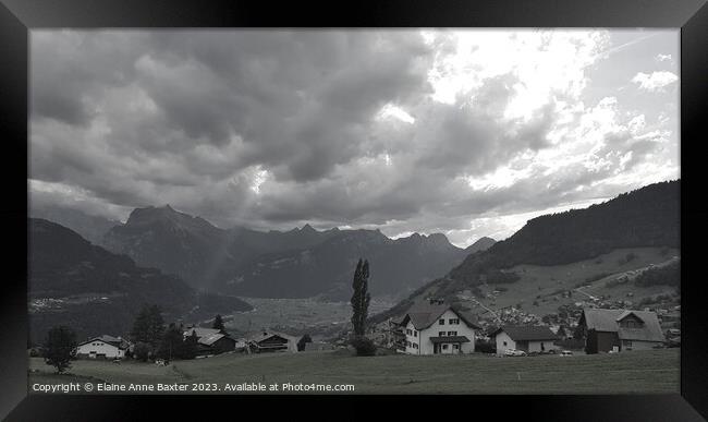 Dramatic Sky over Swiss Alps in Black & White Framed Print by Elaine Anne Baxter