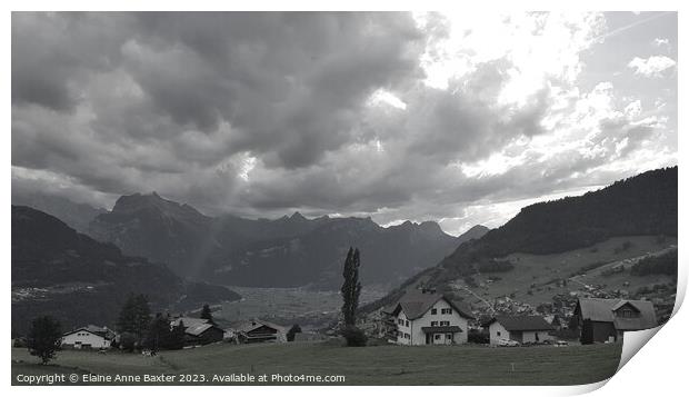 Dramatic Sky over Swiss Alps in Black & White Print by Elaine Anne Baxter