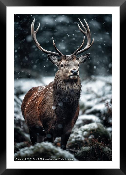 Snowy Deer Stag Framed Mounted Print by Craig Doogan Digital Art