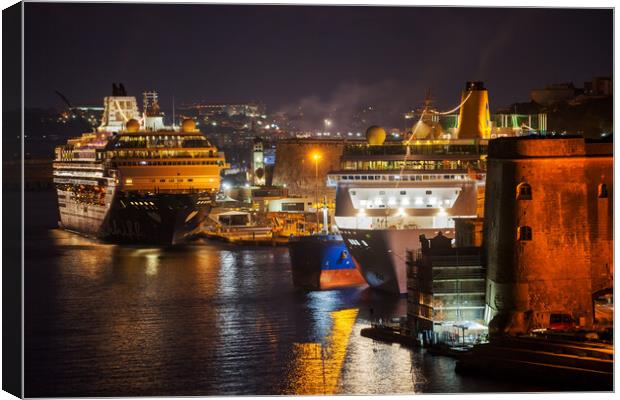 Cruise Ships in Grand Harbour at Night in Malta Canvas Print by Artur Bogacki